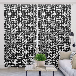 Modern Black White Geometric Floral Pattern Blackout Curtains
