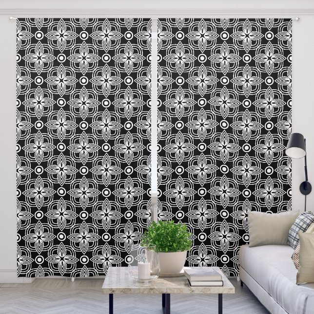 Modern Black White Geometric Floral Pattern Blackout Curtains (Living Room)