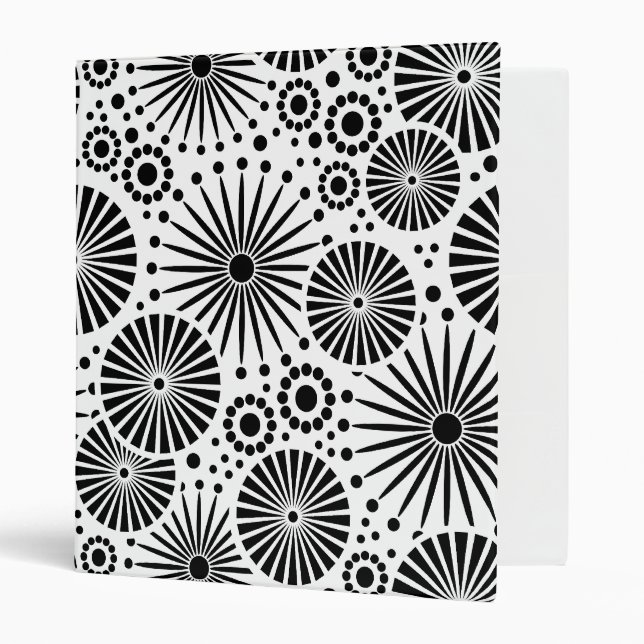 Modern Black White Geometric Flowers Starburst  3 Ring Binder (Front/Inside)