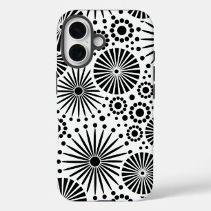 Modern Black White Geometric Flowers Starburst iPhone 16 Case