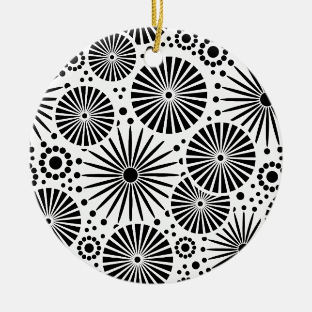 Modern Black White Geometric Flowers Starburst Ceramic Ornament (Front)