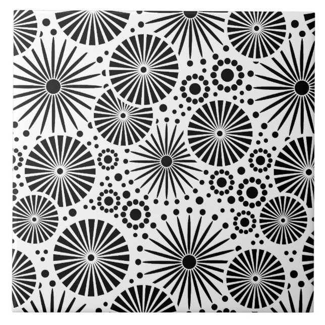 Modern Black White Geometric Flowers Starburst  Ceramic Tile (Front)