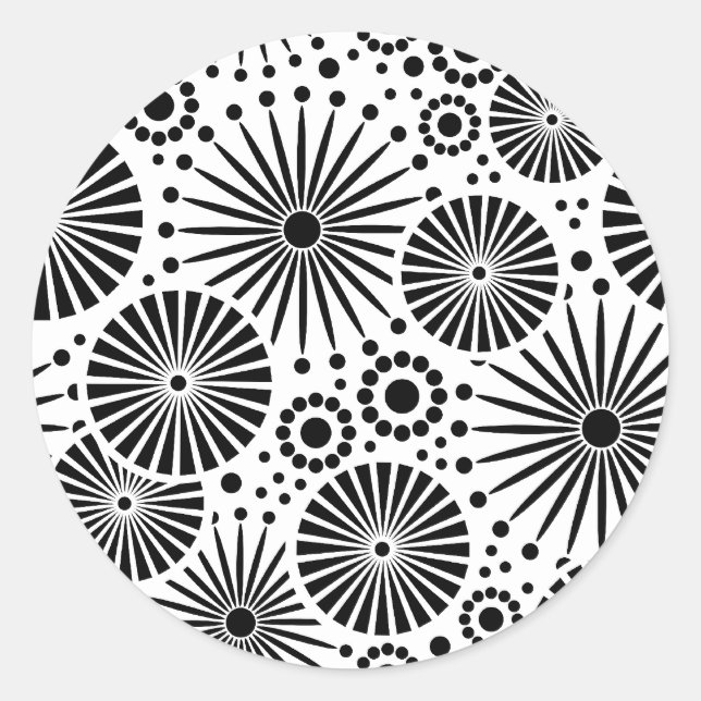 Modern Black White Geometric Flowers Starburst Classic Round Sticker (Front)