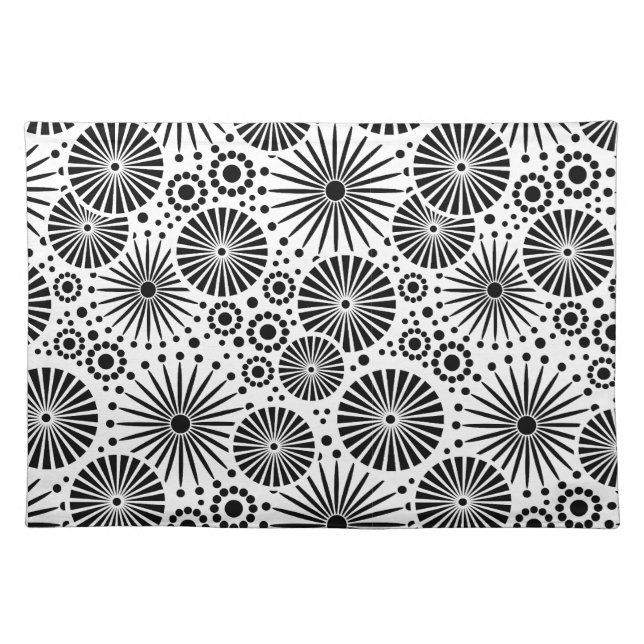 Modern Black White Geometric Flowers Starburst  Cloth Placemat (Front)