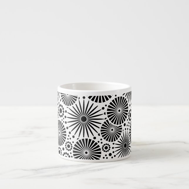 Modern Black White Geometric Flowers Starburst  Espresso Cup (Front)