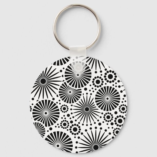 Modern Black White Geometric Flowers Starburst  Keychain (Front)