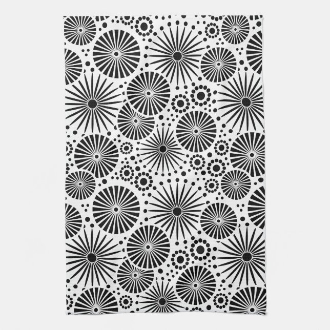 Modern Black White Geometric Flowers Starburst  Kitchen Towel (Vertical)