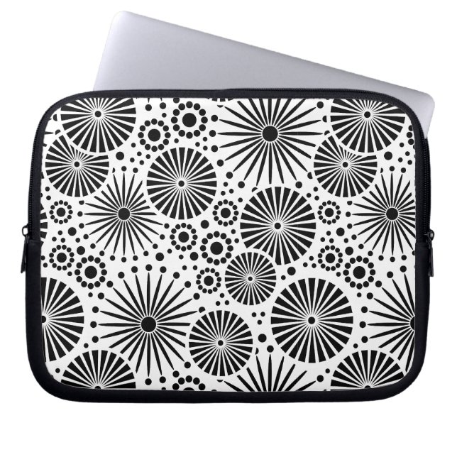 Modern Black White Geometric Flowers Starburst  Laptop Sleeve (Front)