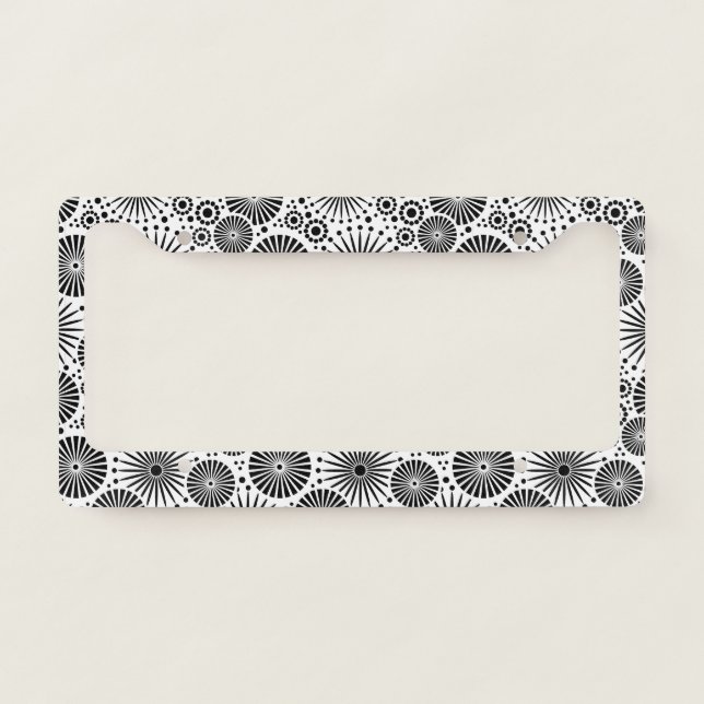 Modern Black White Geometric Flowers Starburst  License Plate Frame (Front)