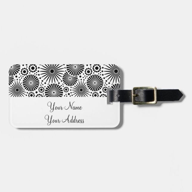Modern Black White Geometric Flowers Starburst Luggage Tag (Front Horizontal)