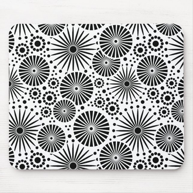 Modern Black White Geometric Flowers Starburst Mouse Pad (Front)