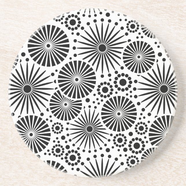 Modern Black White Geometric Flowers Starburst  Sandstone Coaster (Front)