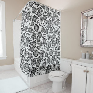 Modern Black White Geometric Flowers Starburst  Shower Curtain