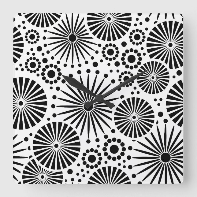 Modern Black White Geometric Flowers Starburst  Square Wall Clock (Front)