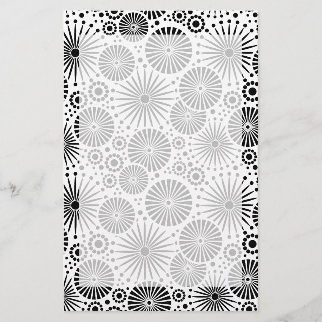 Modern Black White Geometric Flowers Starburst  Stationery (Front)