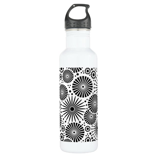 Modern Black White Geometric Flowers Starburst Water Bottle (Front)