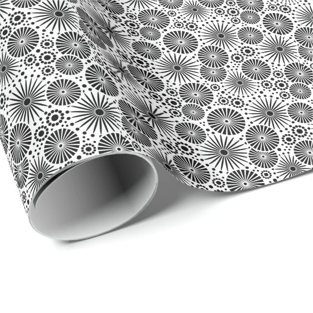 Modern Black White Geometric Flowers Starburst  Wrapping Paper (Roll Corner)