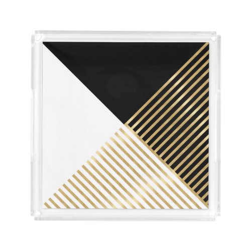 Modern Black White Geometric Gold Stripes Acrylic Tray