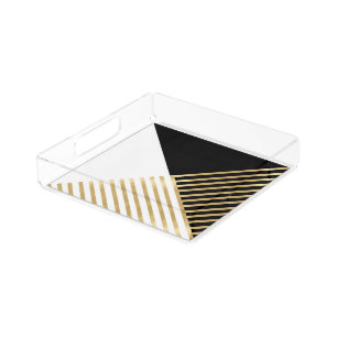 Modern Black White Geometric Gold Stripes Acrylic Tray