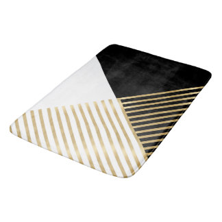 Modern Black White Geometric Gold Stripes Bath Mat