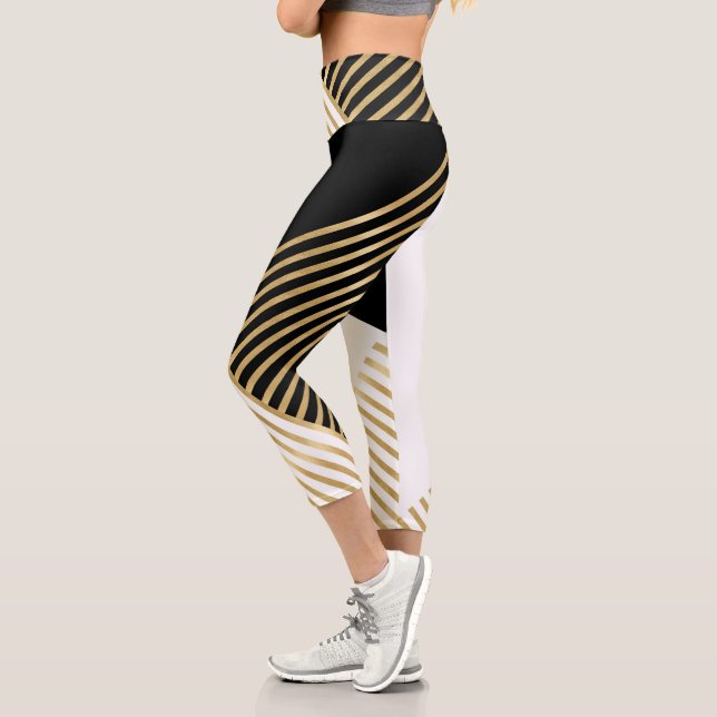 Modern Black White Geometric Gold Stripes Capri Leggings (Left)
