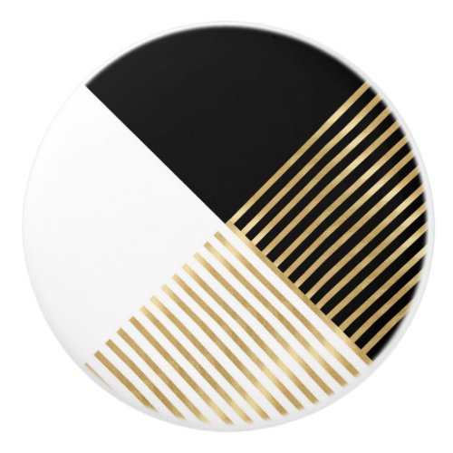 Modern Black White Geometric Gold Stripes Ceramic Knob