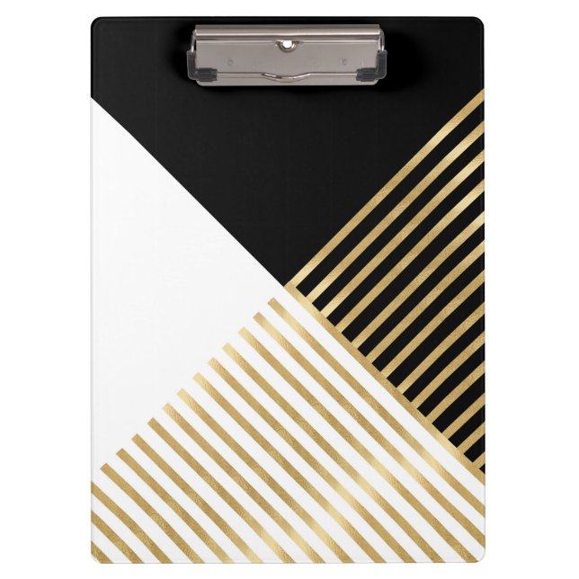 Modern Black White Geometric Gold Stripes Clipboard (Front)