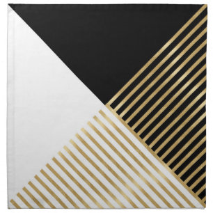Modern Black White Geometric Gold Stripes Cloth Napkin