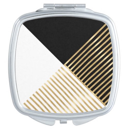 Modern Black White Geometric Gold Stripes Compact Mirror