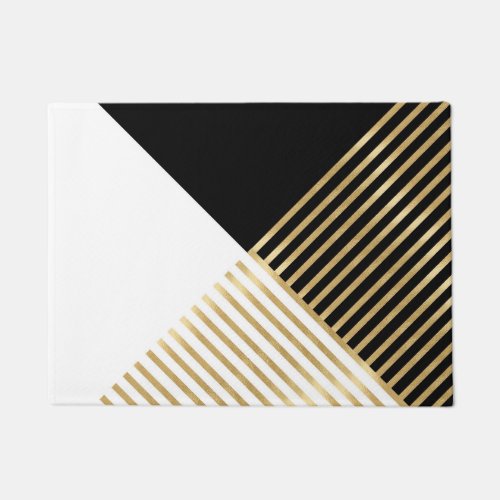 Modern Black White Geometric Gold Stripes Doormat