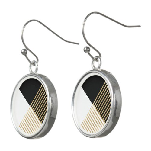 Modern Black White Geometric Gold Stripes Earrings