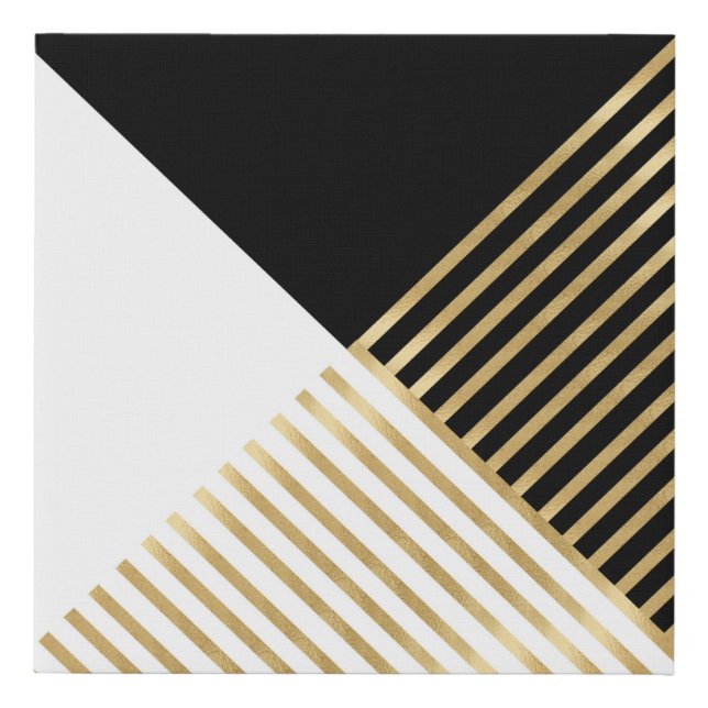 Modern Black White Geometric Gold Stripes Faux Canvas Print (Front)