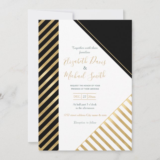 Modern Black White Geometric Gold Stripes Invitation (Front)