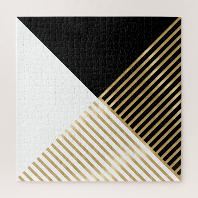 Modern Black White Geometric Gold Stripes Jigsaw Puzzle (Vertical)