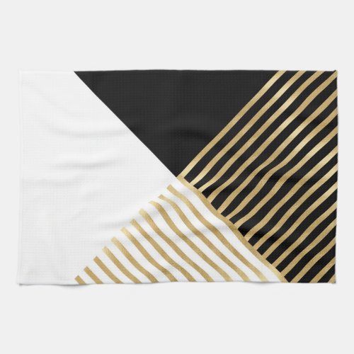Modern Black White Geometric Gold Stripes Kitchen Towel
