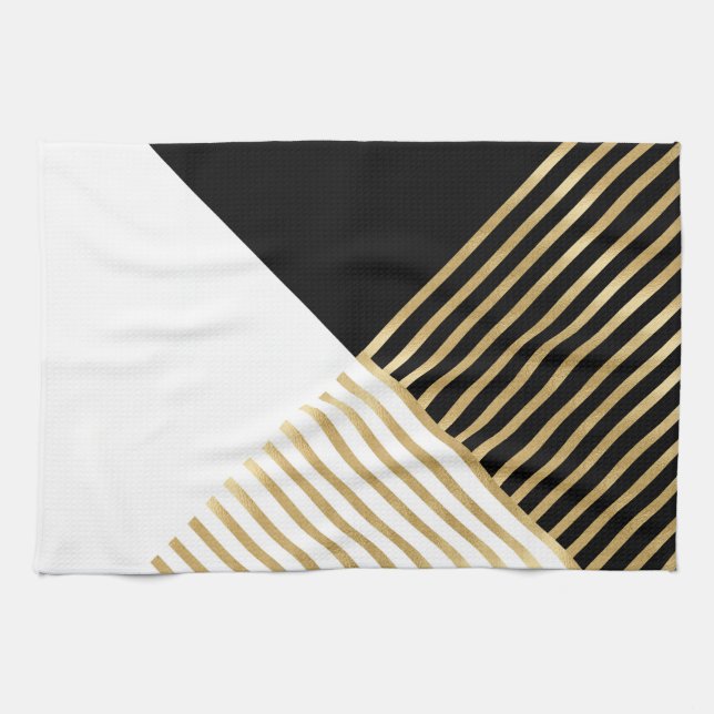 Modern Black White Geometric Gold Stripes Kitchen Towel (Horizontal)