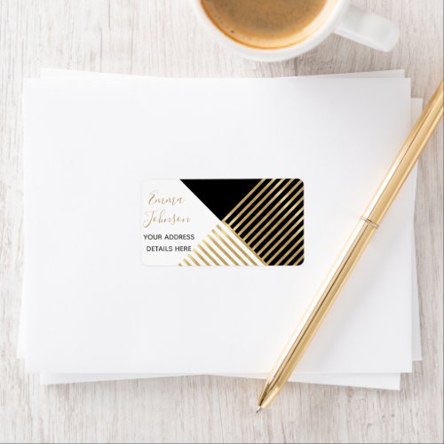 Modern Black White Geometric Gold Stripes Label