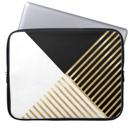 Modern Black White Geometric Gold Stripes Laptop Sleeve