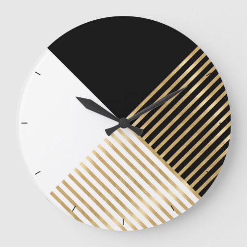 Modern Black White Geometric Gold Stripes Large Clock