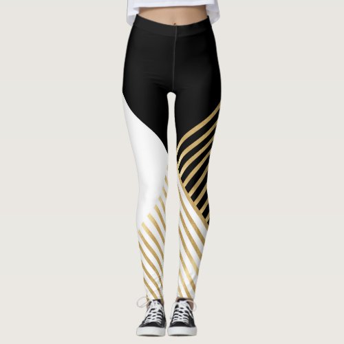 Modern Black White Geometric Gold Stripes Leggings