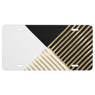 Modern Black White Geometric Gold Stripes License Plate