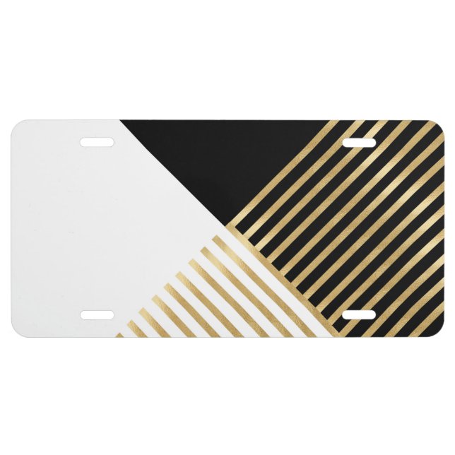 Modern Black White Geometric Gold Stripes License Plate (Front)