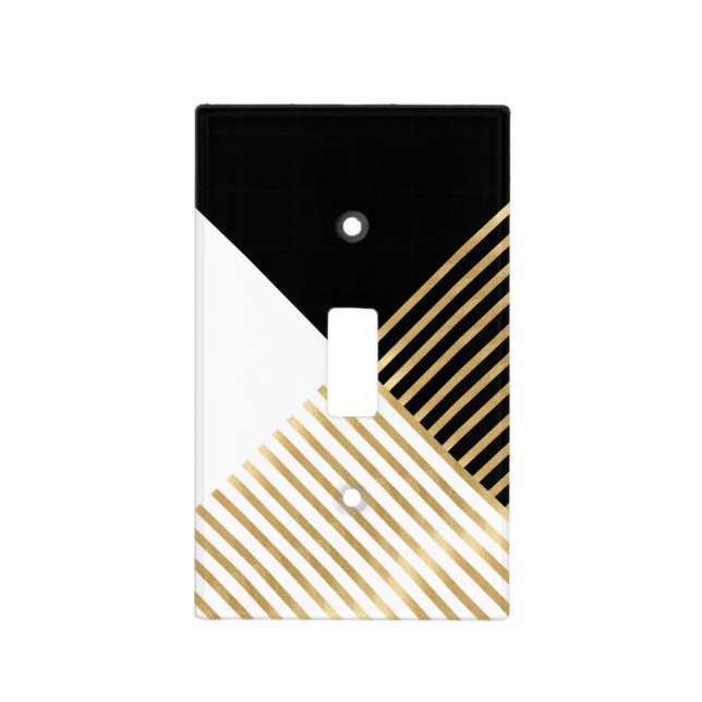 Modern Black White Geometric Gold Stripes Light Switch Cover (Front)