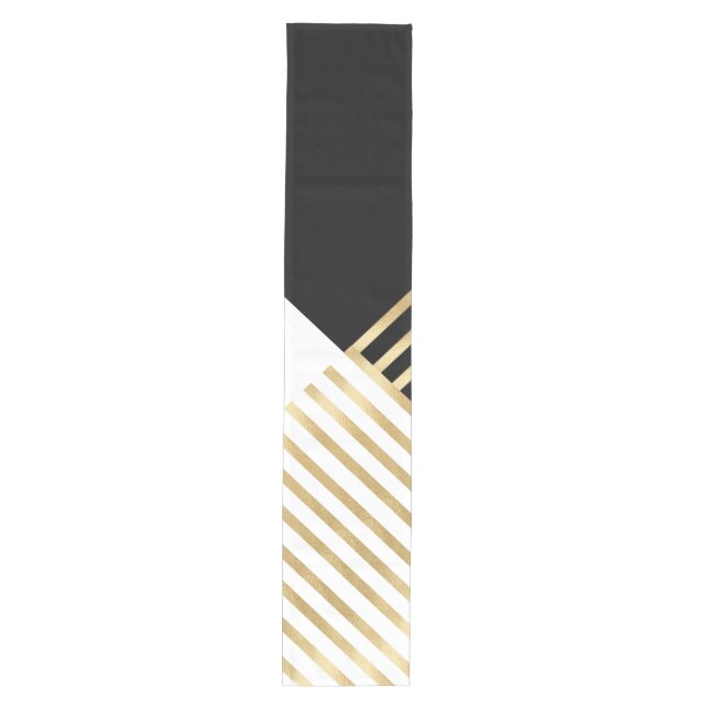 Modern Black White Geometric Gold Stripes Medium Table Runner (Front)