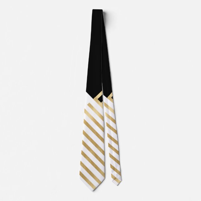 Modern Black White Geometric Gold Stripes Neck Tie (Front)