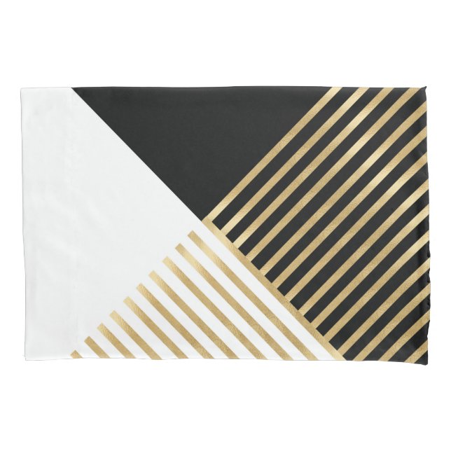 Modern Black White Geometric Gold Stripes Pillow Case (Front-Left)