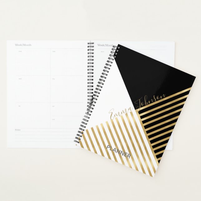 Modern Black White Geometric Gold Stripes Planner (Display)