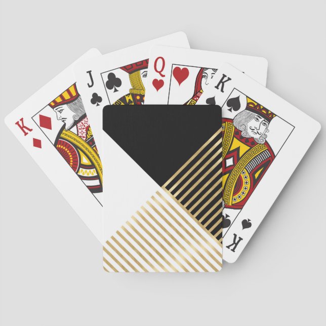 Modern Black White Geometric Gold Stripes Poker Cards (Back)