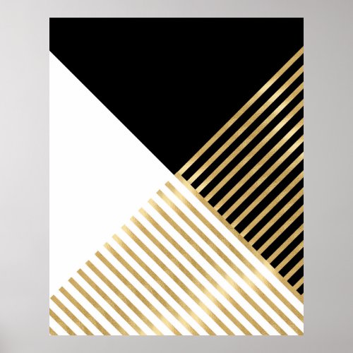 Modern Black White Geometric Gold Stripes Poster