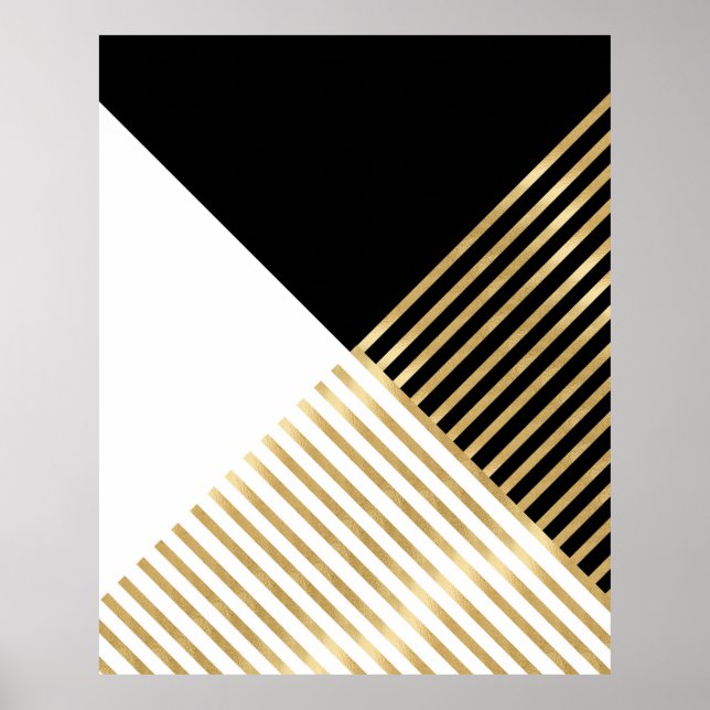 Modern Black White Geometric Gold Stripes Poster (Front)